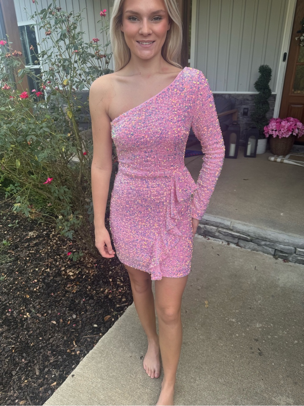 Hello Molly One-Shoulder Pink Sequin Mini Dress